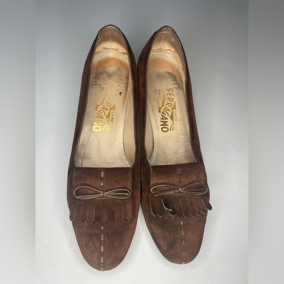 Salvatore Ferragamo Vintage Brown Suede Women’s Loafer Heel Fringe Bow Size 9 - Picture 15 of 16